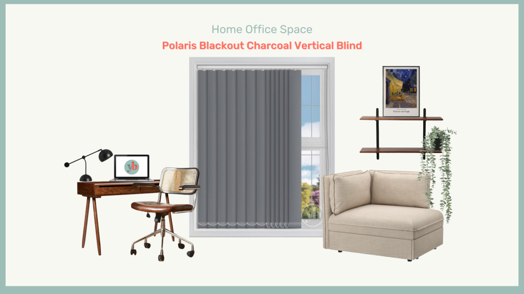 Polaris Blackout Charcoal Vertical Blind  walnut coloured desk and chair that sit along side a dark grey vertical blind