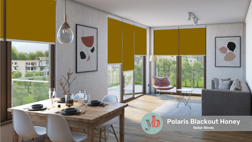 Polaris Blackout Honey Roller Blind on show in living room